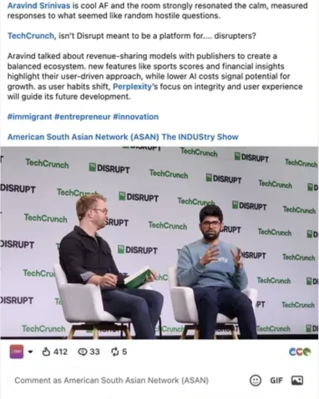 LinkedIn post highlighting Aravind Srinivas at TechCrunch Disrupt