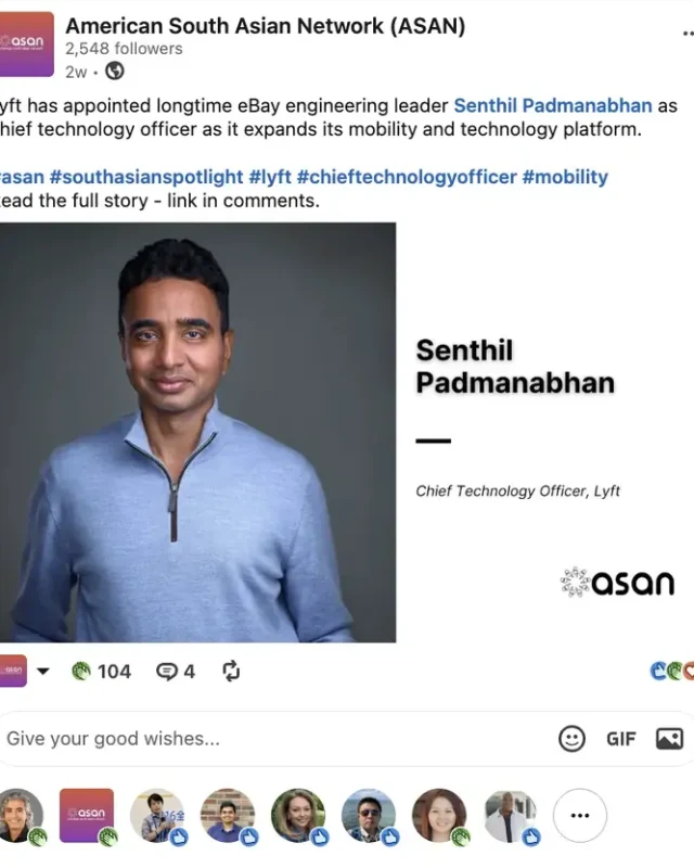 ASAN LinkedIn post highlighting Senthil Padmanabhan at Lyft